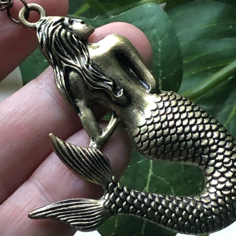 Brass mermaid pendant on chain necklace